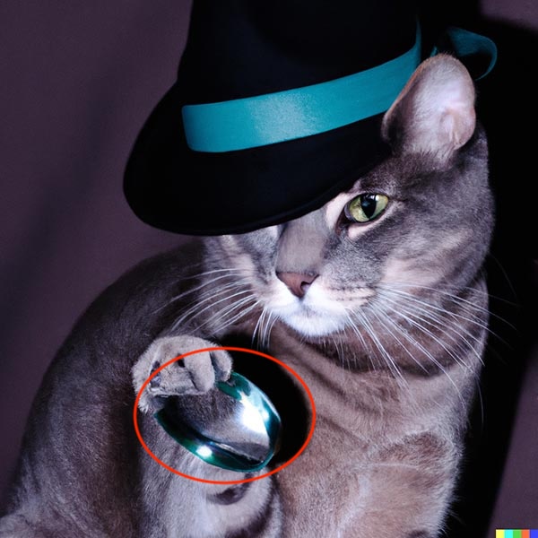 Admirez comme la loupe tient miraculeusement dans la patte de notre faux chat fabriqué par Dall-E.-E