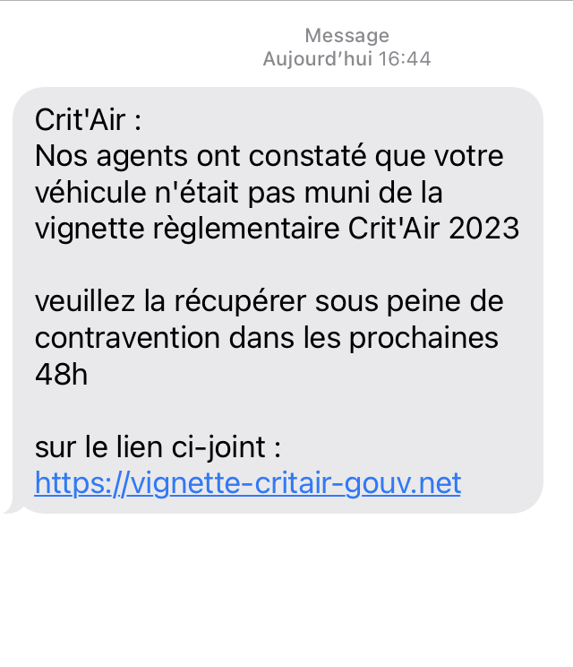 Exemple d’un SMS reçu d’arnaque à la vignette Crit’Air