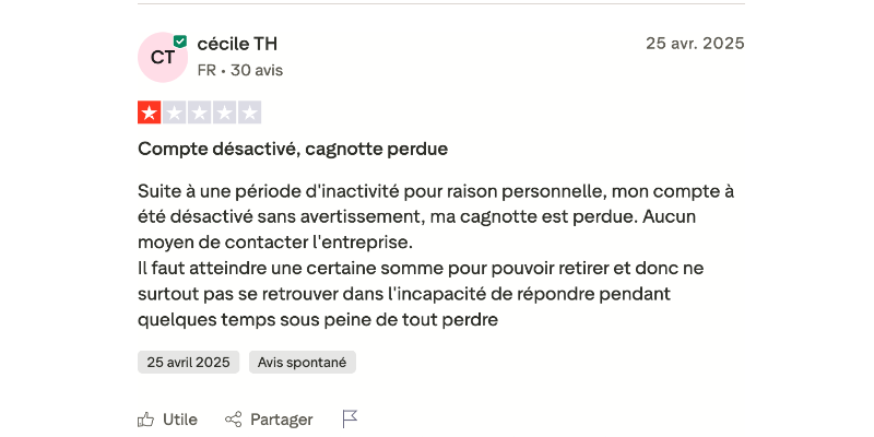 Capture d’écran d’un avis négatif laissé sur Trustpilot à propos du site de sondages rémunérés Moolineo