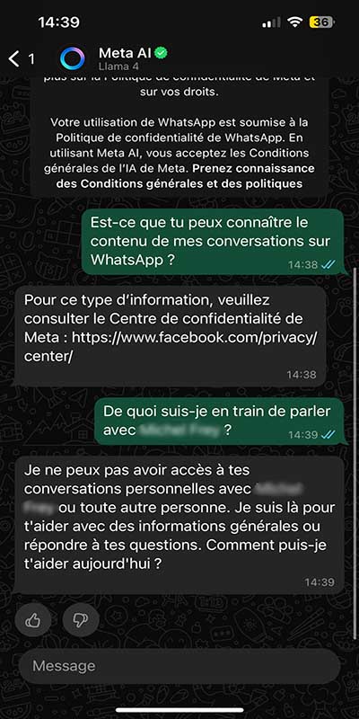 Conversation avec Meta AI dans Whatsapp