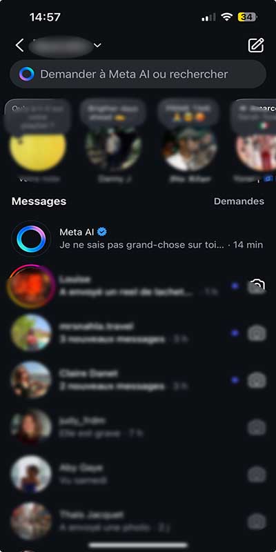 Barre de recherche Meta AI dans la messagerie d’Instagram