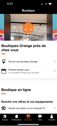 Capture d'écran de l'appli Orange et moi : Page d'accueil