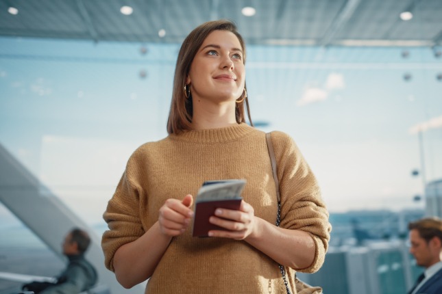 Voyageuse à l’aéroport utilisant son smartphone avec un forfait international Orange