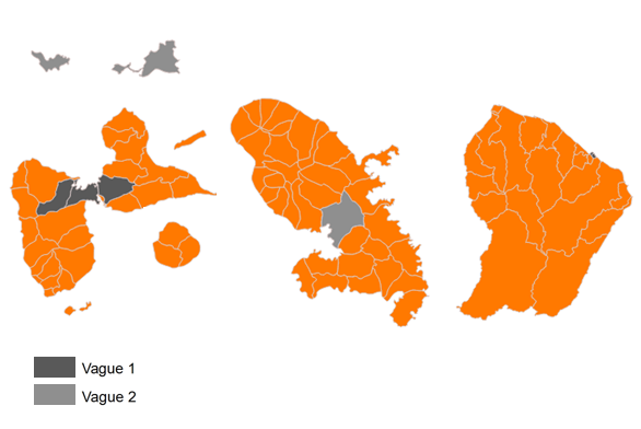 Carte des Antilles Guyane des communes concernés par l’arrêt progressif du réseau 2G Orange en 2026, selon deux vagues successives.