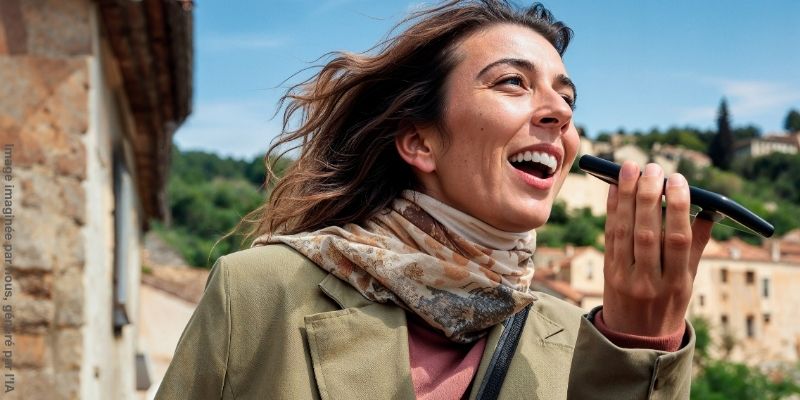 Femme au téléphone en haut parleur profitant du réseau mobile N°1 Orange