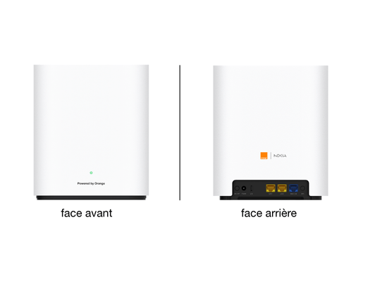 Modem Flybox 5G Orange Nokia, vue avant et arrière, pour connexion Internet Très Haut Débit à la maison