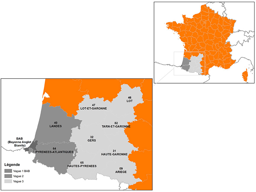 Carte des départements du Sud-Ouest concernés par l’arrêt progressif du réseau 2G Orange en 2026, selon trois vagues successives.